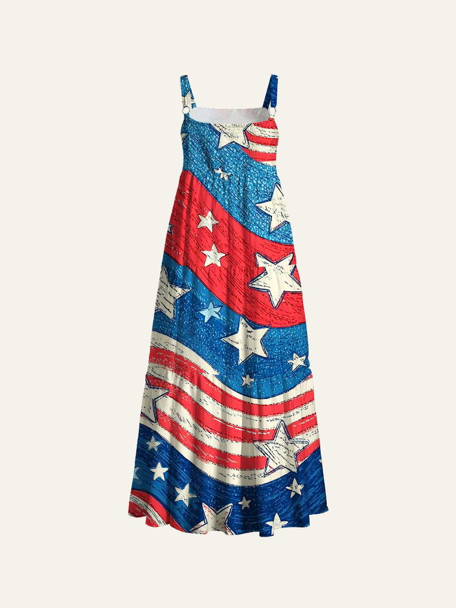 Whimsical Americana Waves Adjustable Wide Straps Maxi Dress