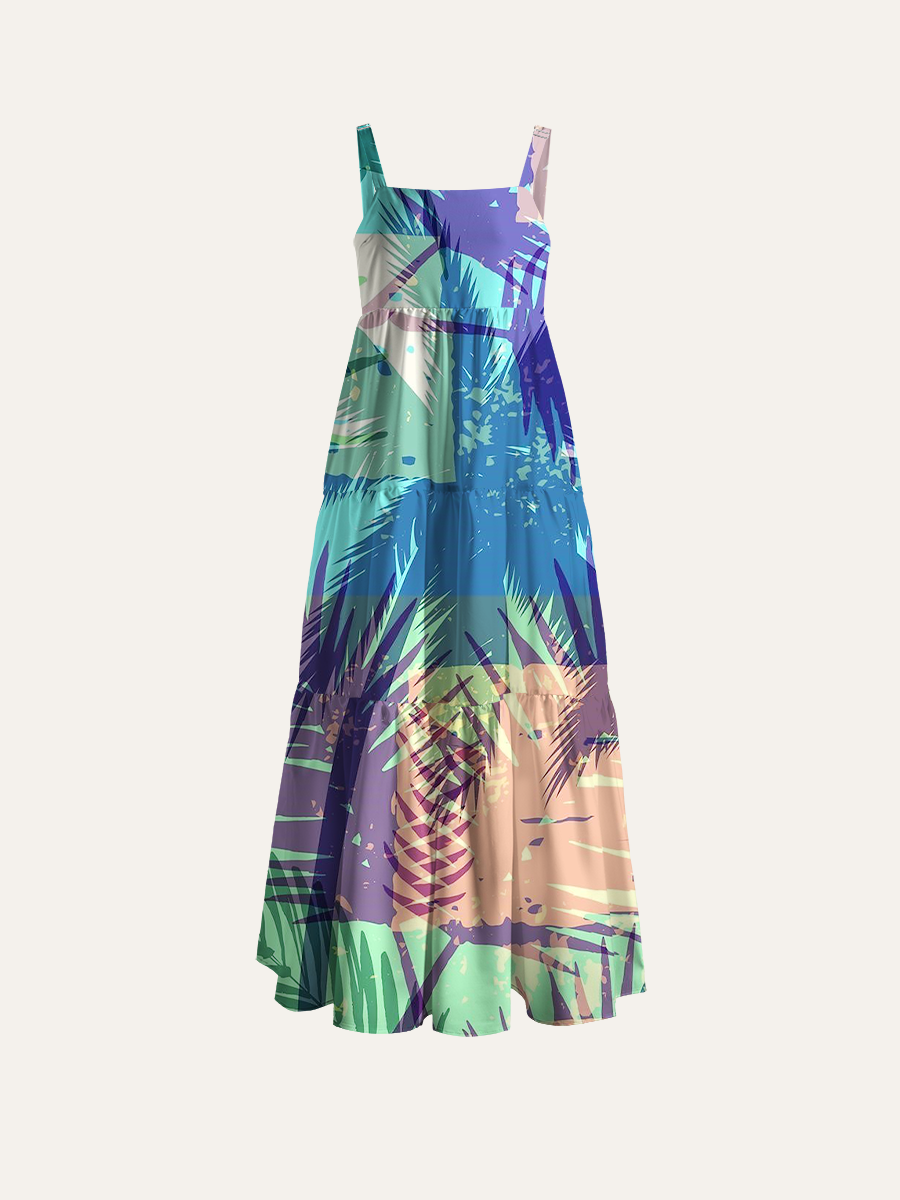 Sunset Gradient Fronds Adjustable Wide Straps Maxi Dress