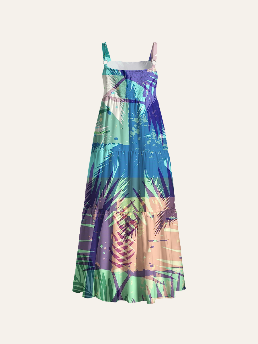 Sunset Gradient Fronds Adjustable Wide Straps Maxi Dress
