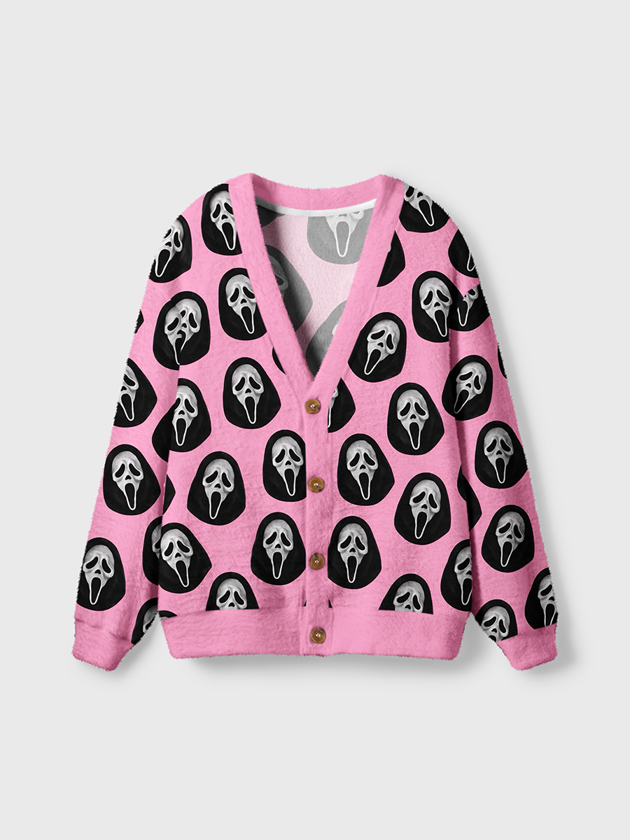 Vintage Scream Ghost‑Mask Cardigan Sweaters