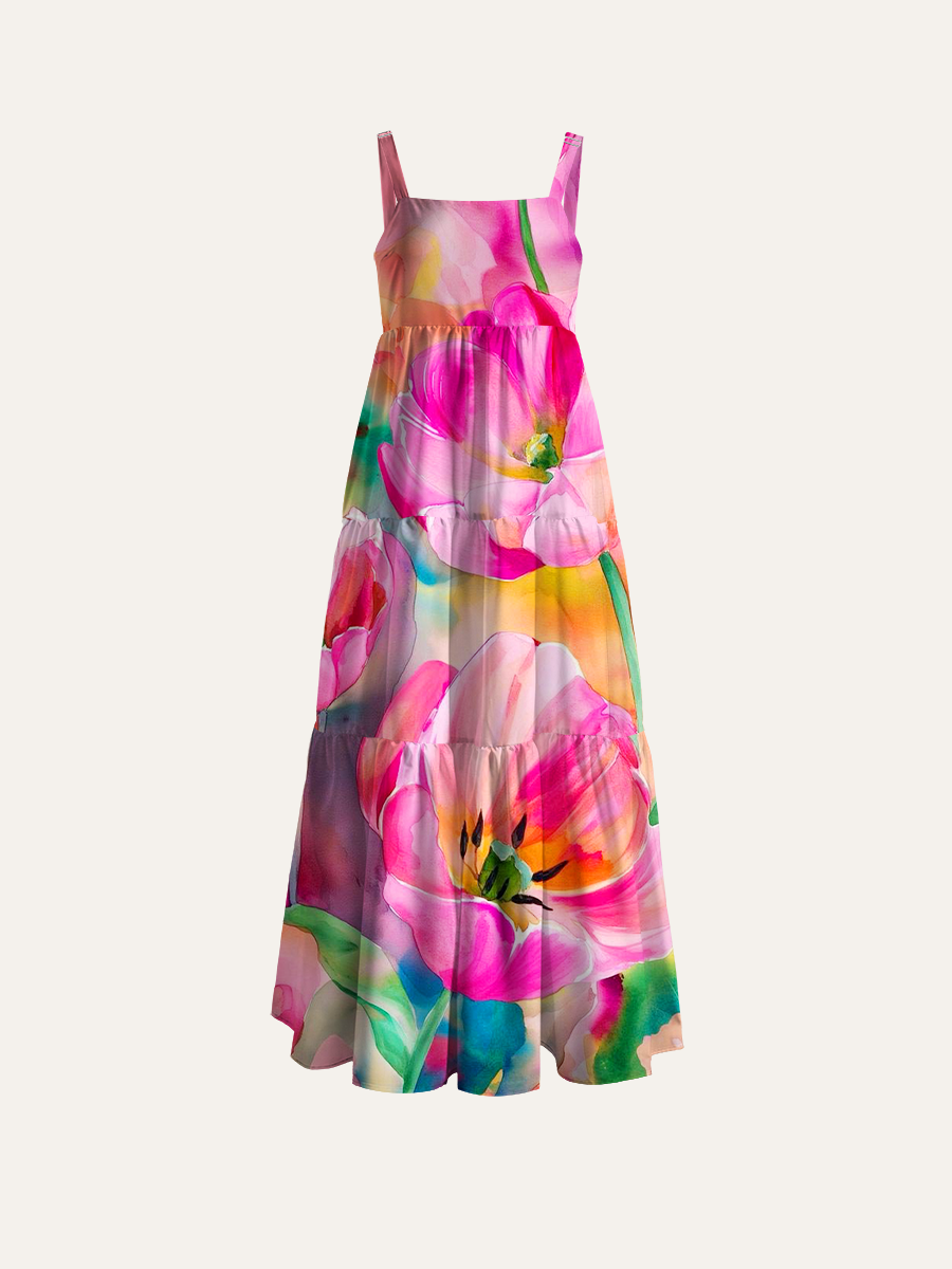 Blush Pink Tulip Whimsy Adjustable Wide Straps Maxi Dress