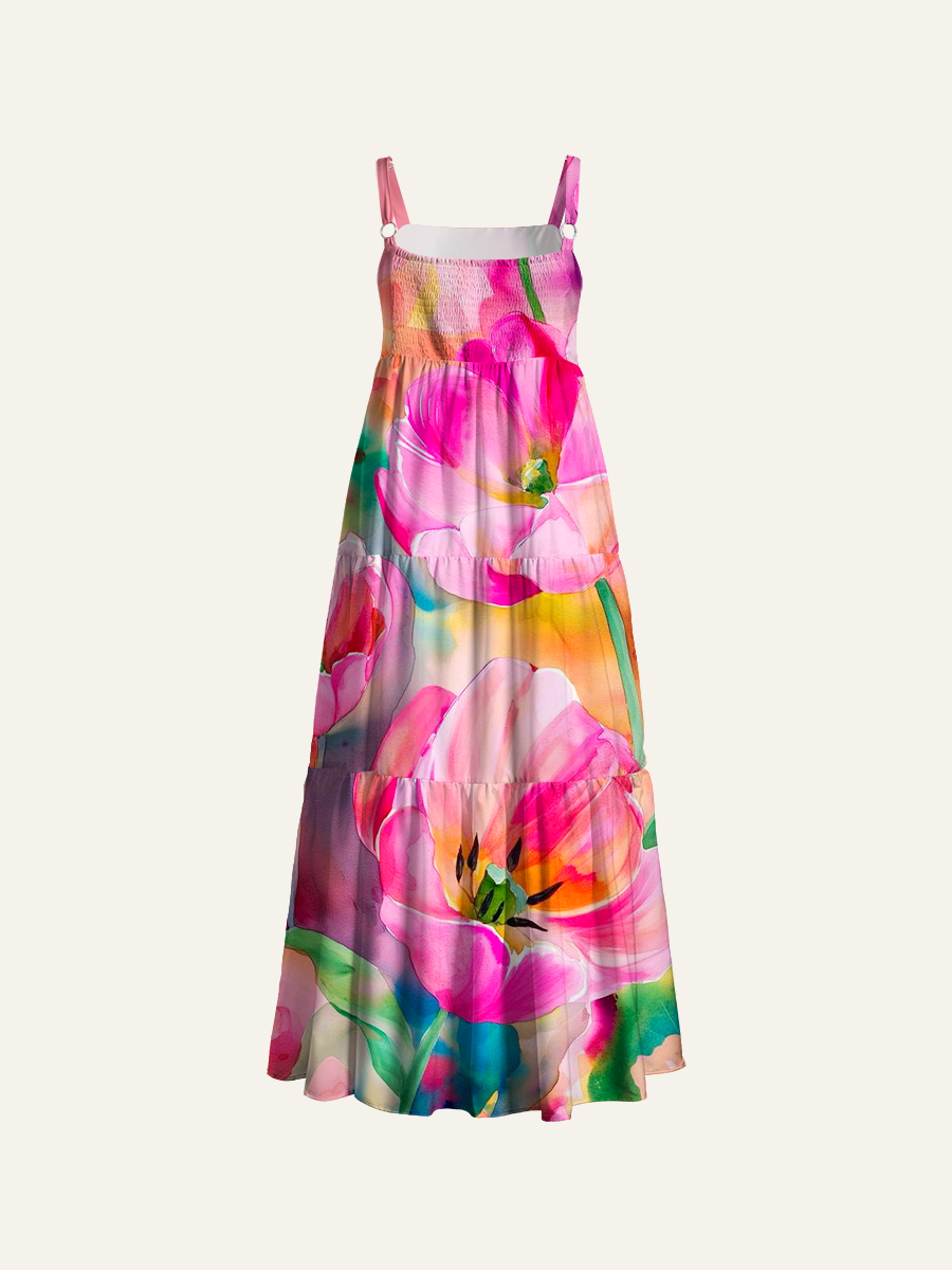 Blush Pink Tulip Whimsy Adjustable Wide Straps Maxi Dress