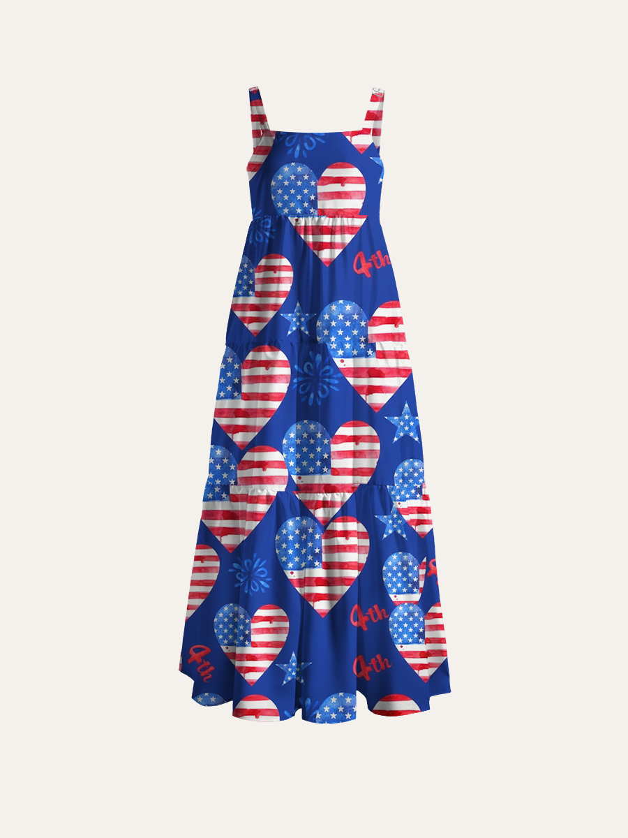 Fourth of July Watercolor Hearts Adjustable Wide Straps Maxi Dress