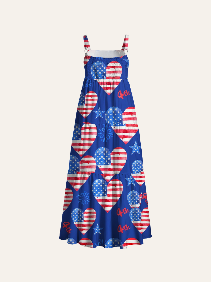 Fourth of July Watercolor Hearts Adjustable Wide Straps Maxi Dress