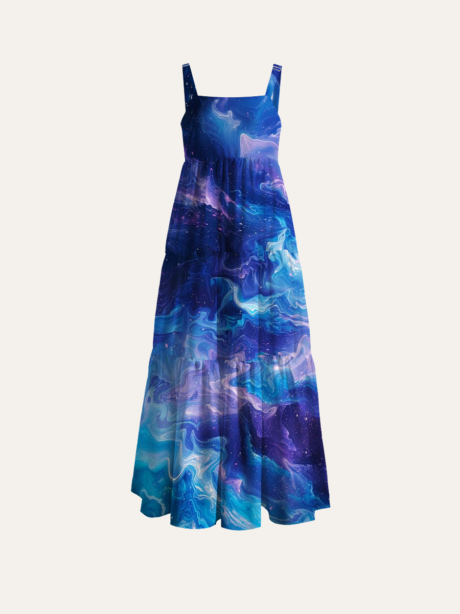 Cosmic Blue-Purple Nebula Adjustable Wide Straps Maxi Dress