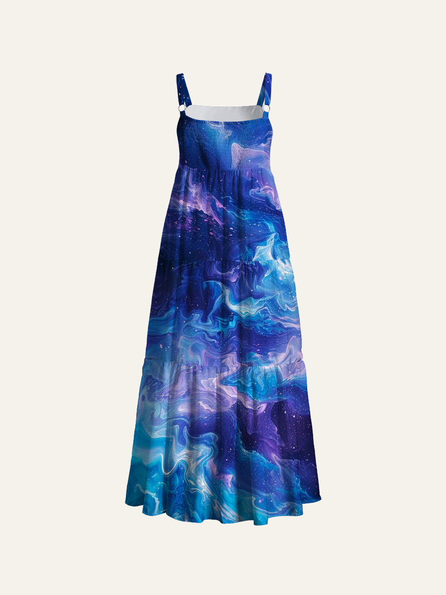 Cosmic Blue-Purple Nebula Adjustable Wide Straps Maxi Dress