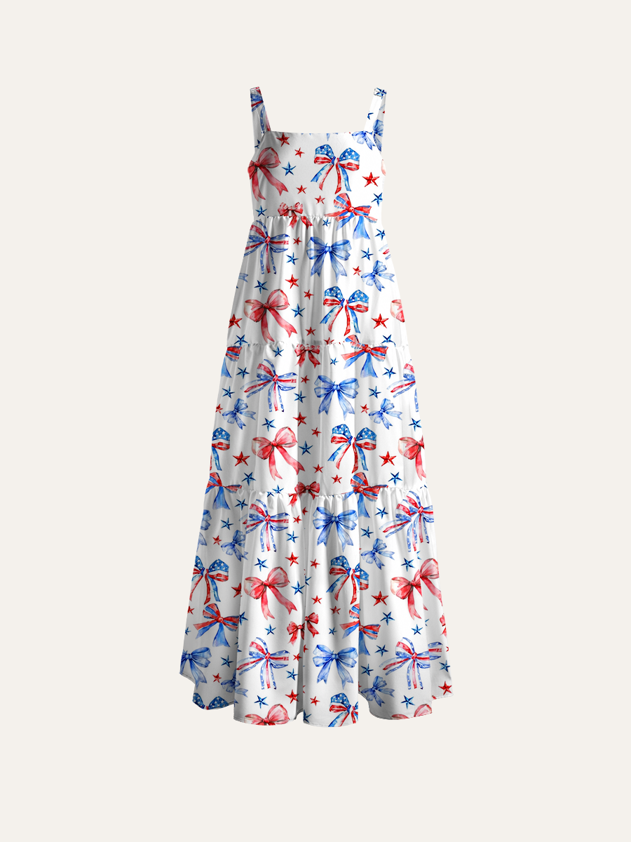 Watercolor Patriotic Bow Adjustable Wide Straps Maxi Dress