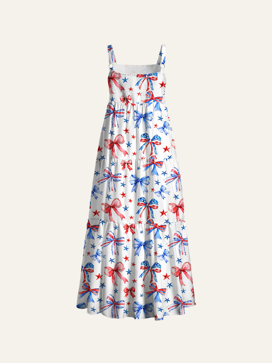 Watercolor Patriotic Bow Adjustable Wide Straps Maxi Dress