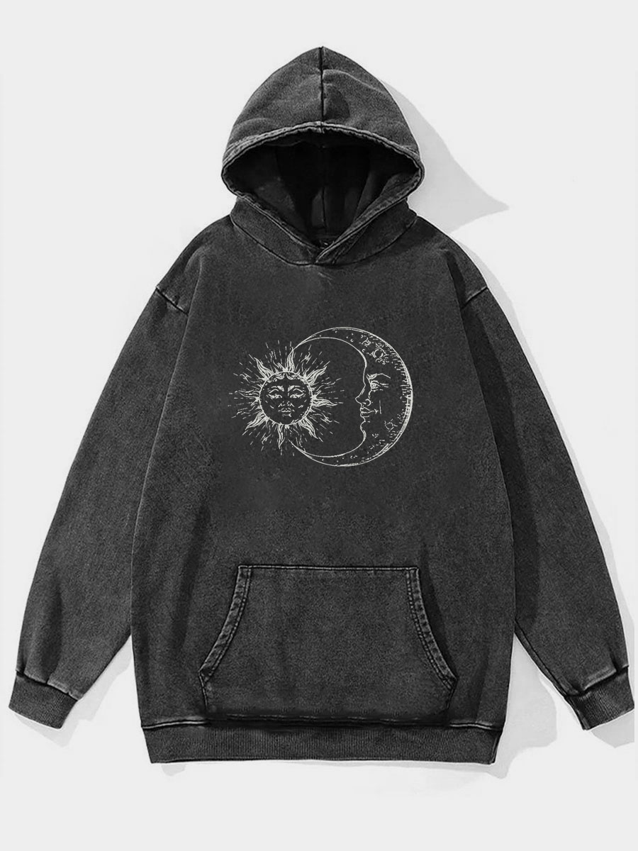 Plus Size Vintage Sun And Moom Graphic Street Washed Hoodie