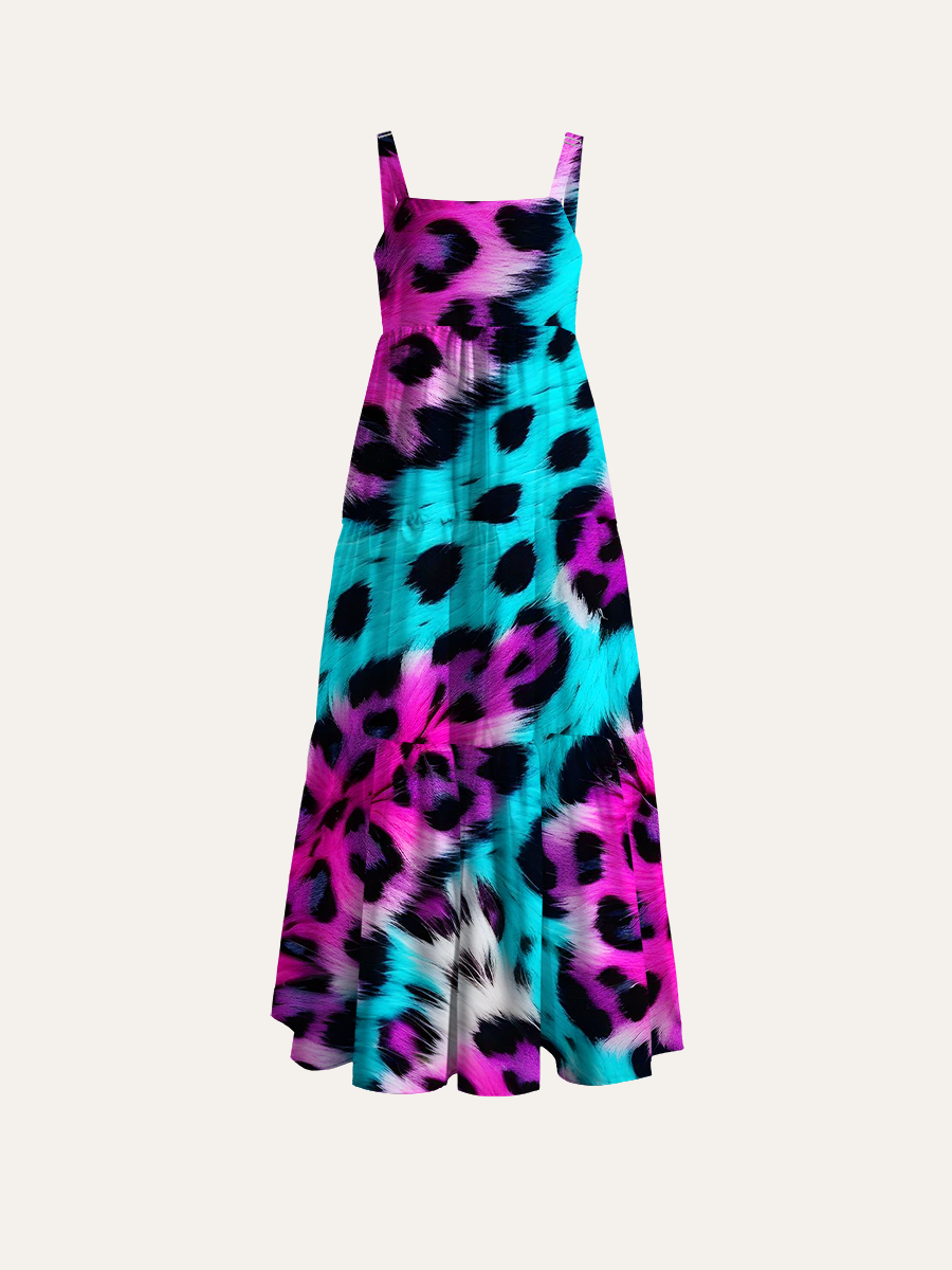 Neon Pink And Cyan Leopard Adjustable Wide Straps Maxi Dress