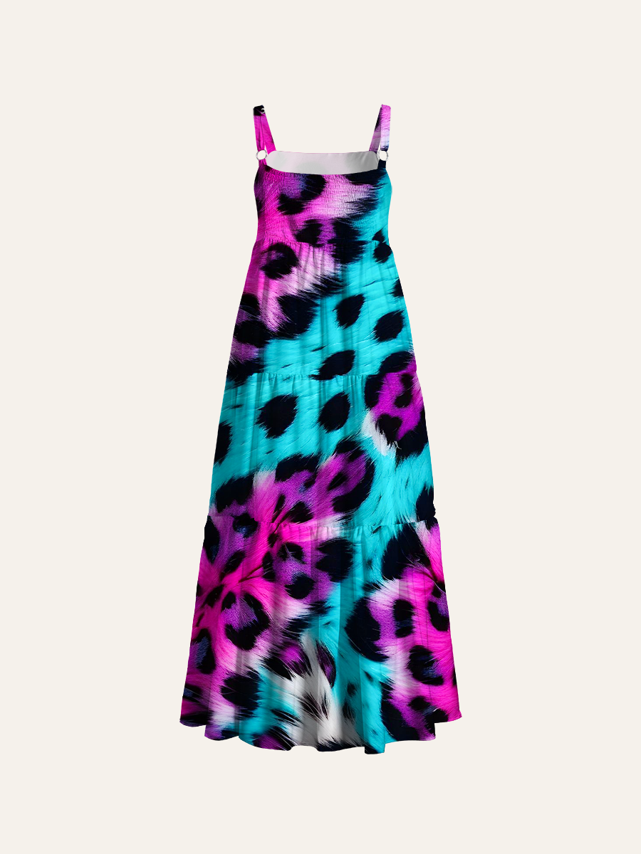 Neon Pink And Cyan Leopard Adjustable Wide Straps Maxi Dress