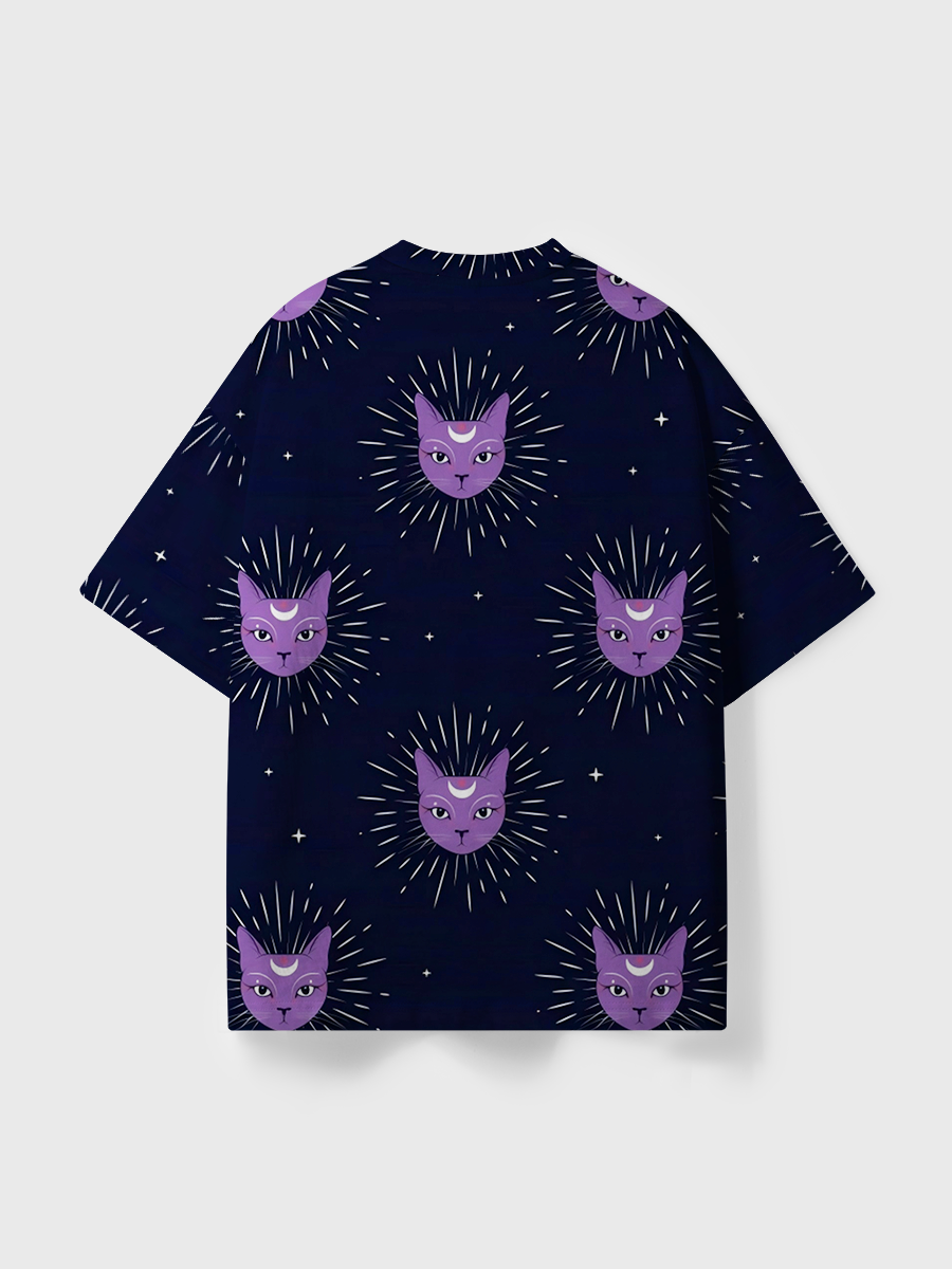 Vintage Bohemian Celestial Cat Over Print T-Shirt