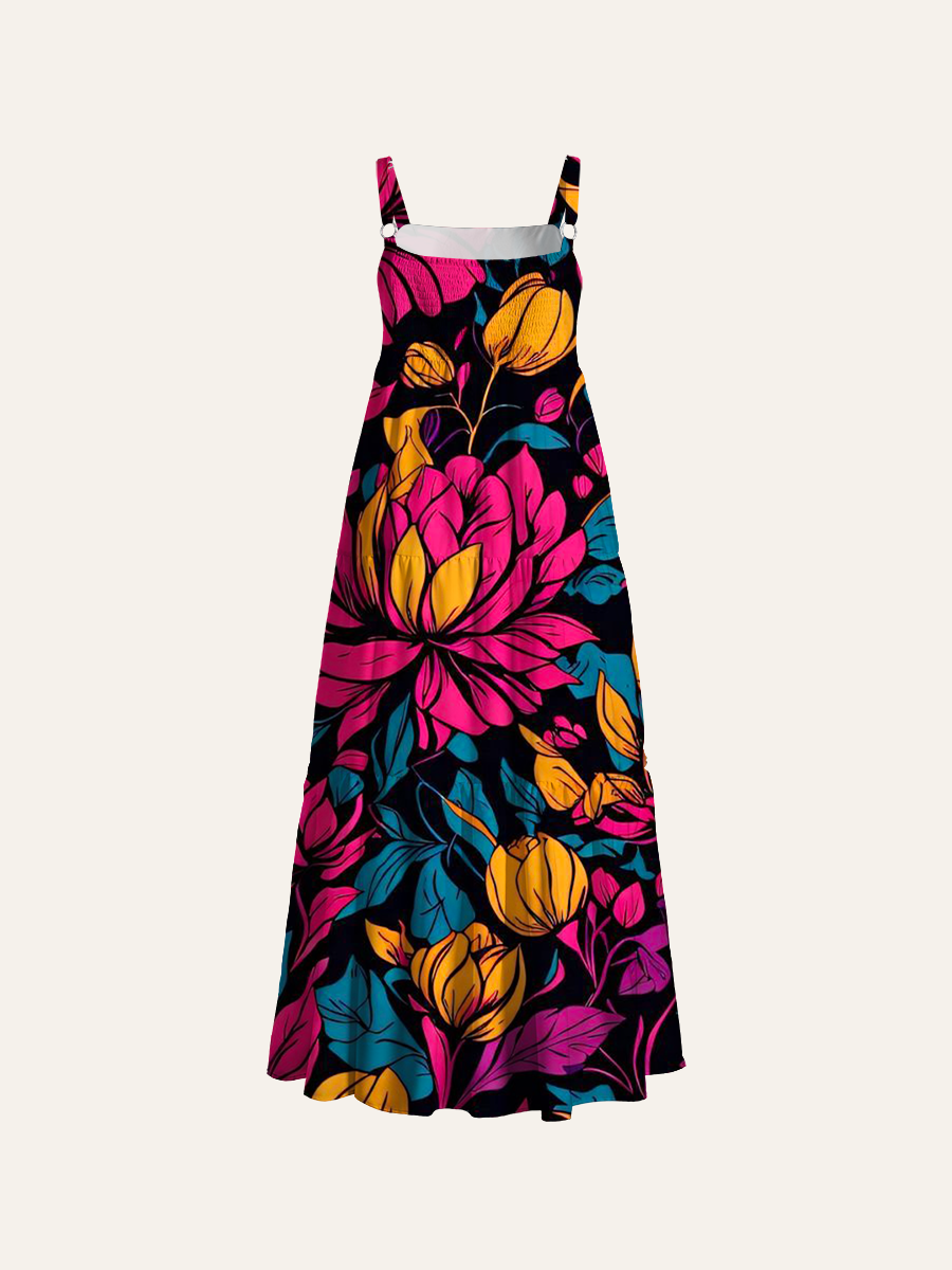 Neon Floral Pop Adjustable Wide Straps Maxi Dress