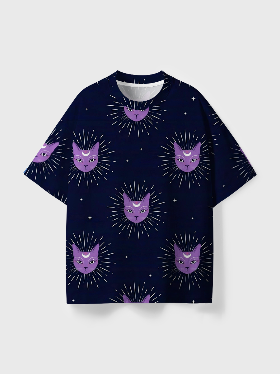 Vintage Bohemian Celestial Cat Over Print T-Shirt