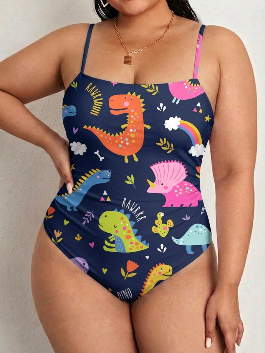 Vintage Playful Multicolor Dinosaur One Piece Slim-Strap Swimsuit