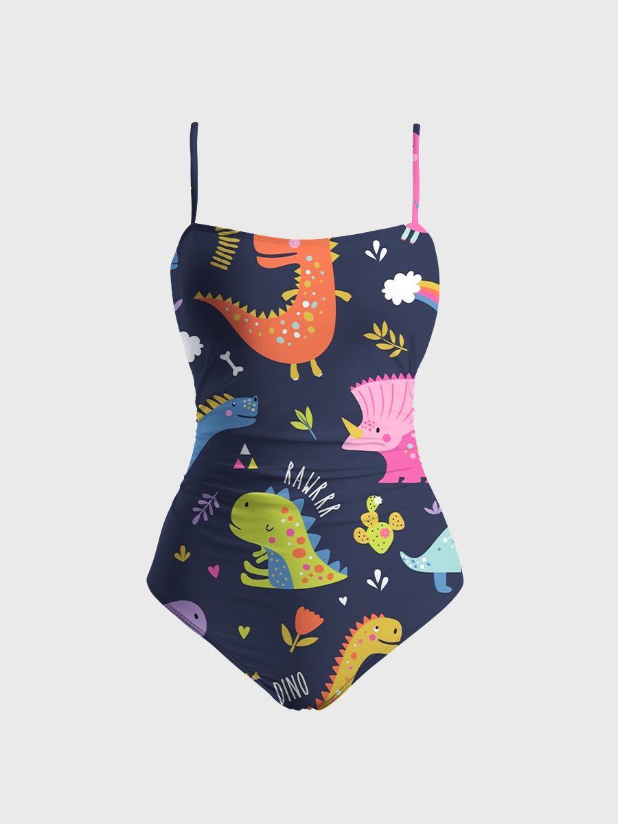 Vintage Playful Multicolor Dinosaur One Piece Slim-Strap Swimsuit