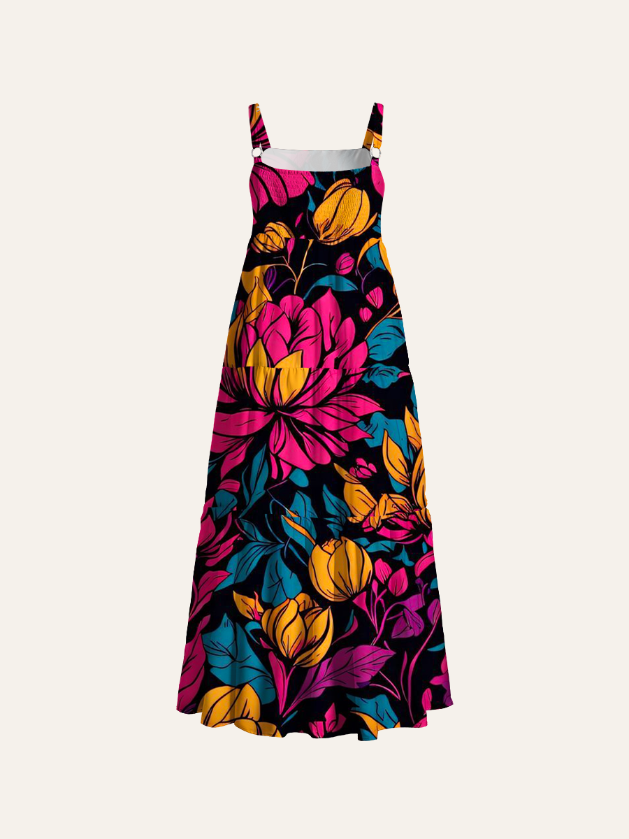 Neon Floral Pop Adjustable Wide Straps Maxi Dress