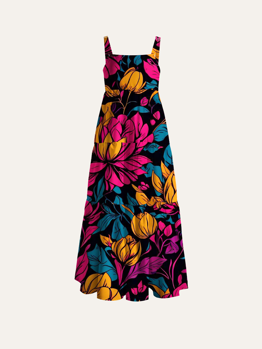 Neon Floral Pop Adjustable Wide Straps Maxi Dress
