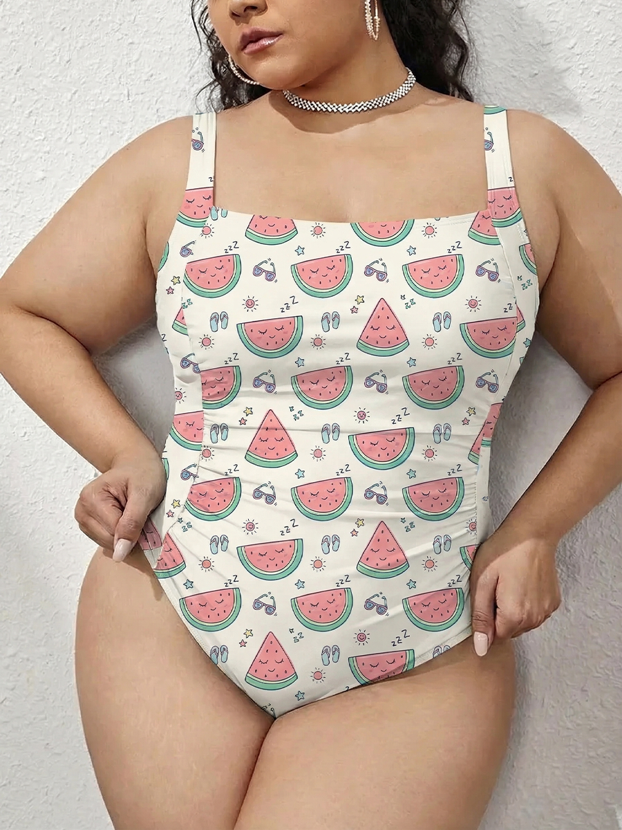 Vintage Sleepy Watermelon Slices Gathered Swimsuit