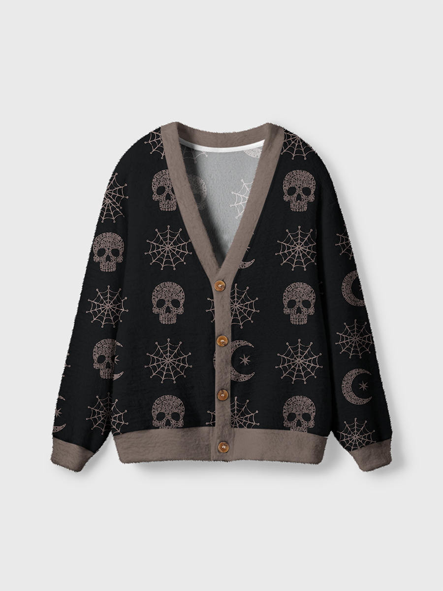 Vintage Halloween Crochet Skull‑Moon Cardigan Sweaters