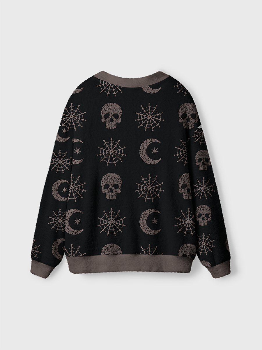 Vintage Halloween Crochet Skull‑Moon Cardigan Sweaters