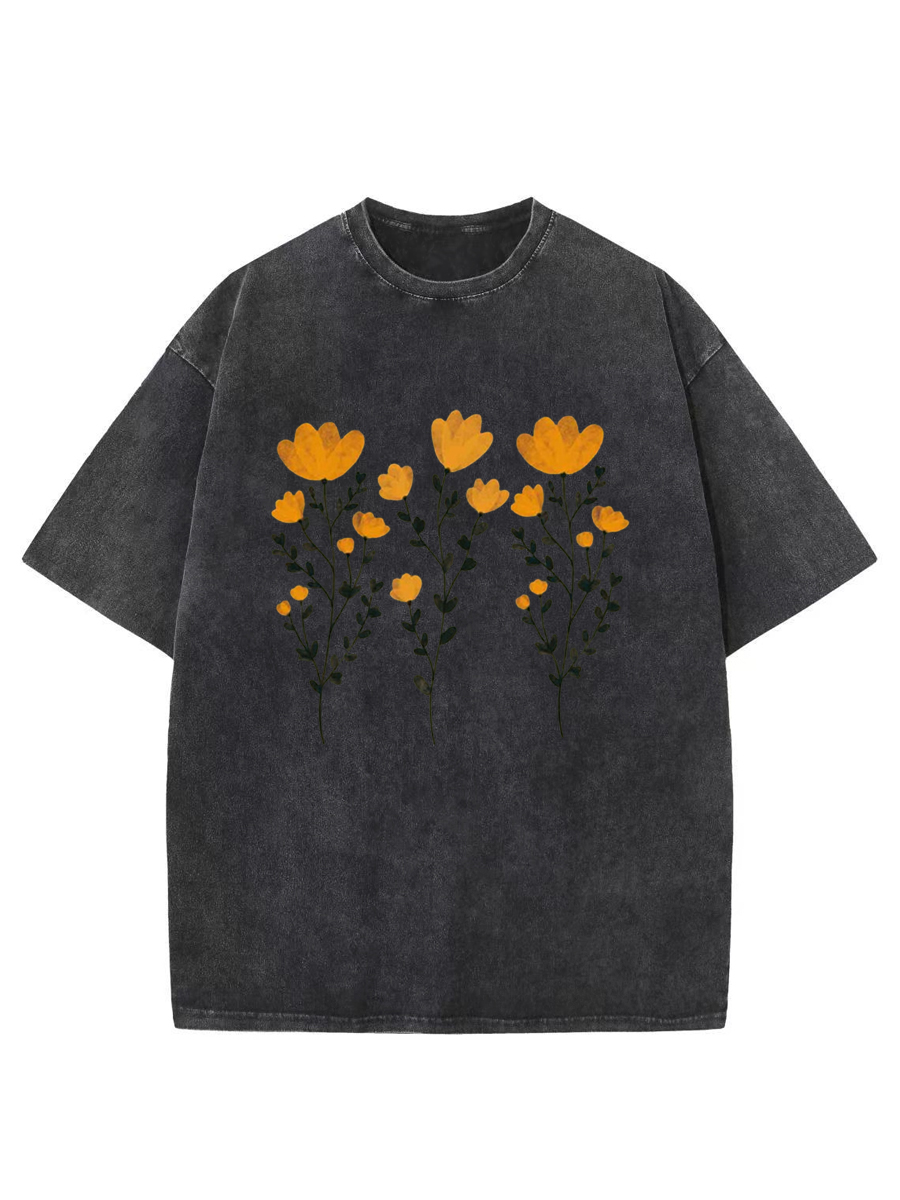 Vintage Yellow Flowers And Stems Washed T-Shirt