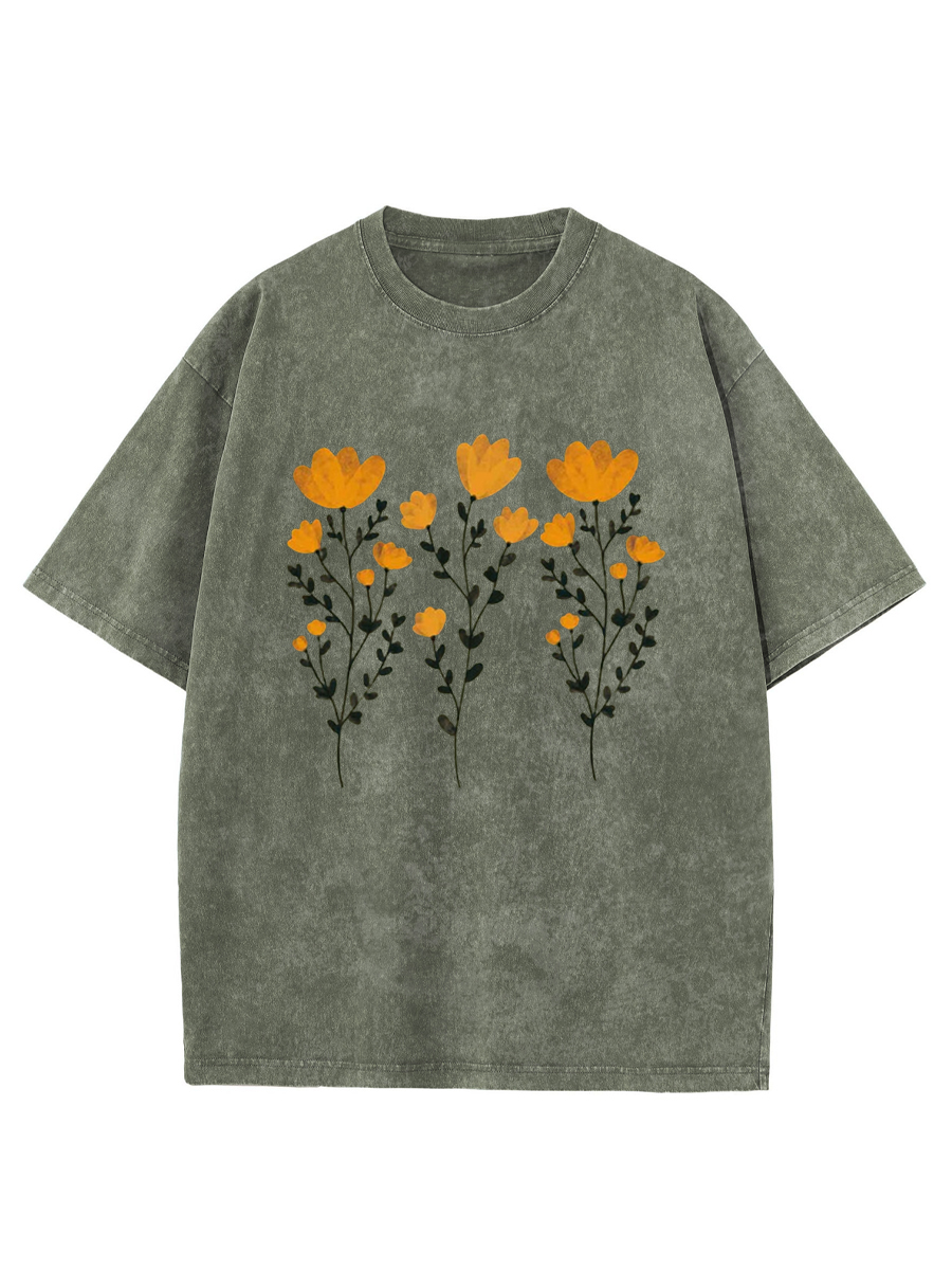 Vintage Yellow Flowers And Stems Washed T-Shirt