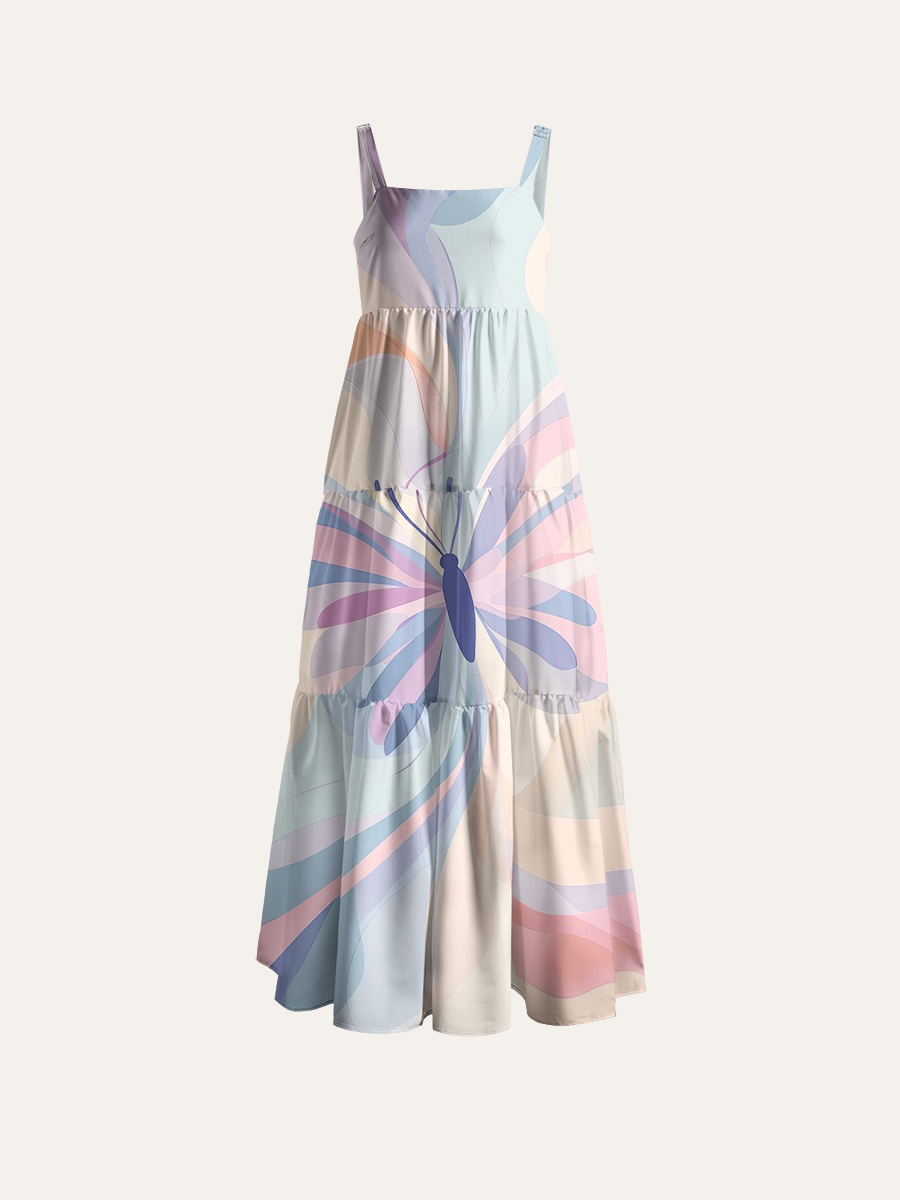 Pastel Abstract Butterfly Adjustable Wide Straps Maxi Dress