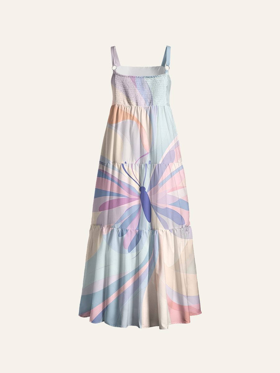 Pastel Abstract Butterfly Adjustable Wide Straps Maxi Dress