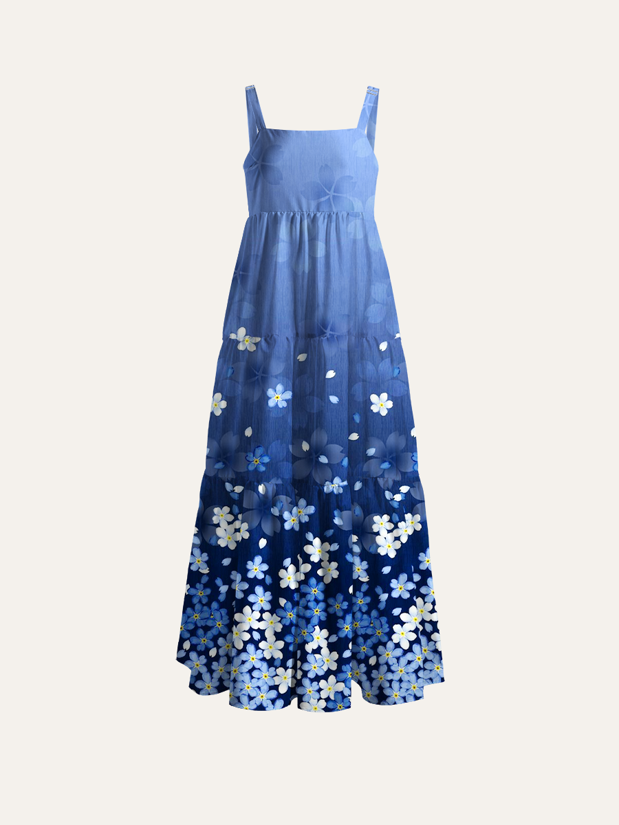 Indigo Floral Gradient Adjustable Wide Straps Maxi Dress