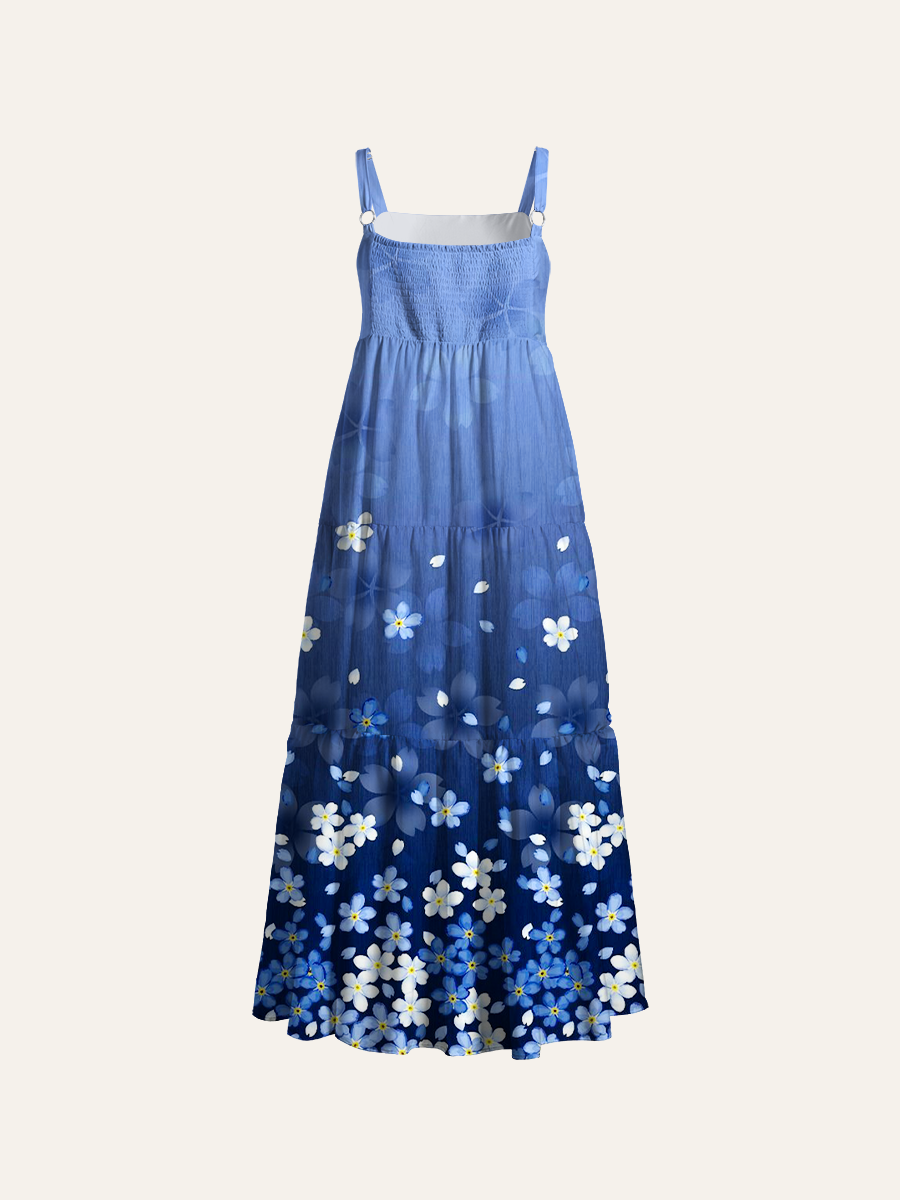 Indigo Floral Gradient Adjustable Wide Straps Maxi Dress