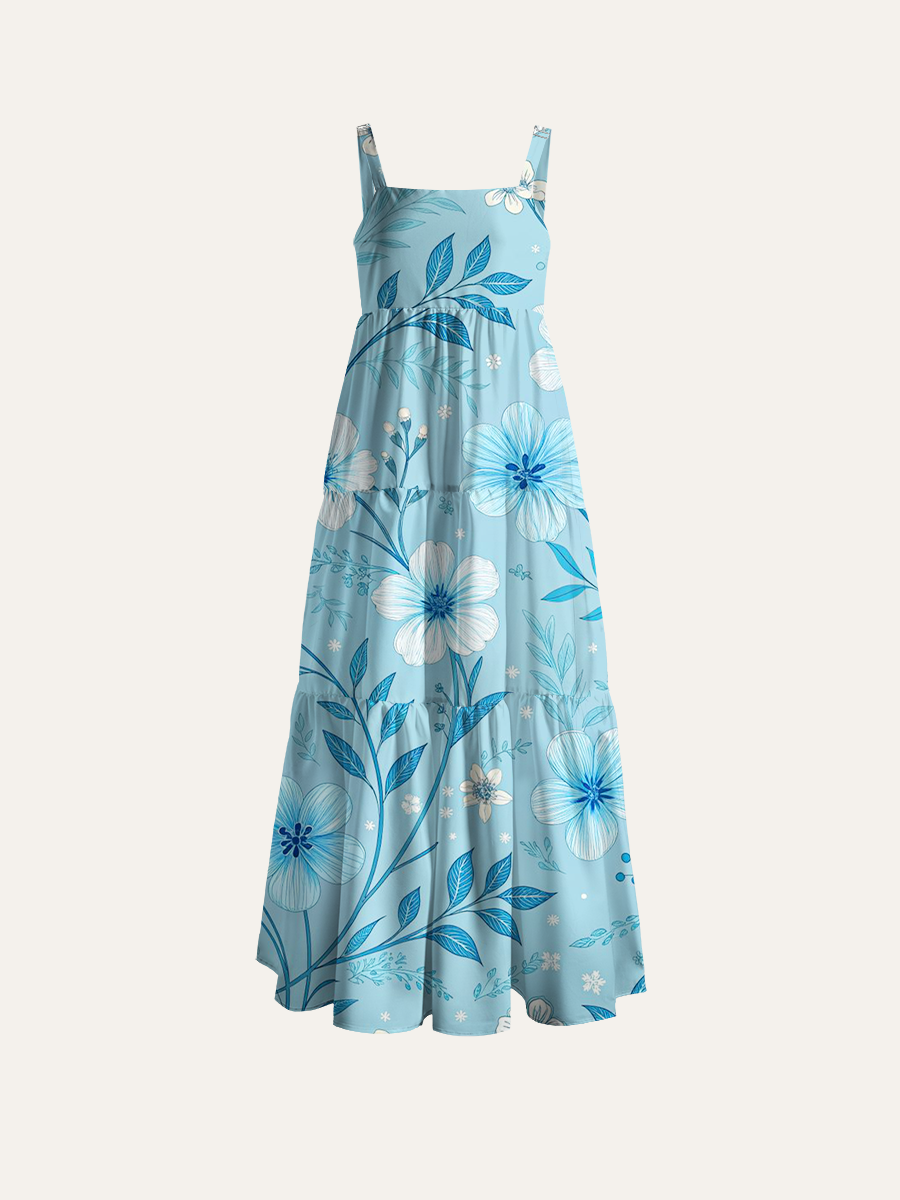Chinoiserie Porcelain Bloom Adjustable Wide Straps Maxi Dress