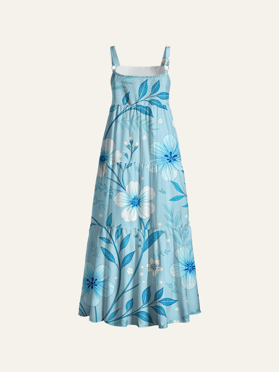Chinoiserie Porcelain Bloom Adjustable Wide Straps Maxi Dress