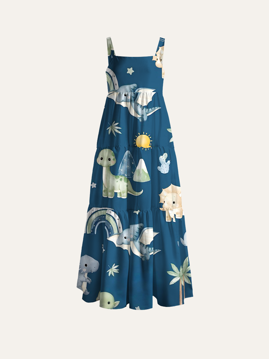 Midnight Dino Dreamer Adjustable Wide Straps Maxi Dress