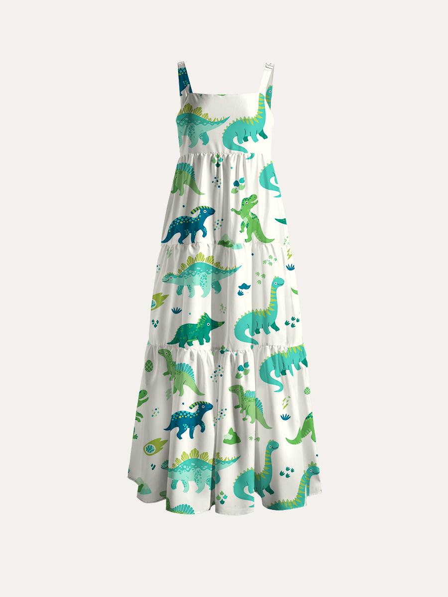 Vibrant Dino Jungle Adjustable Wide Straps Maxi Dress