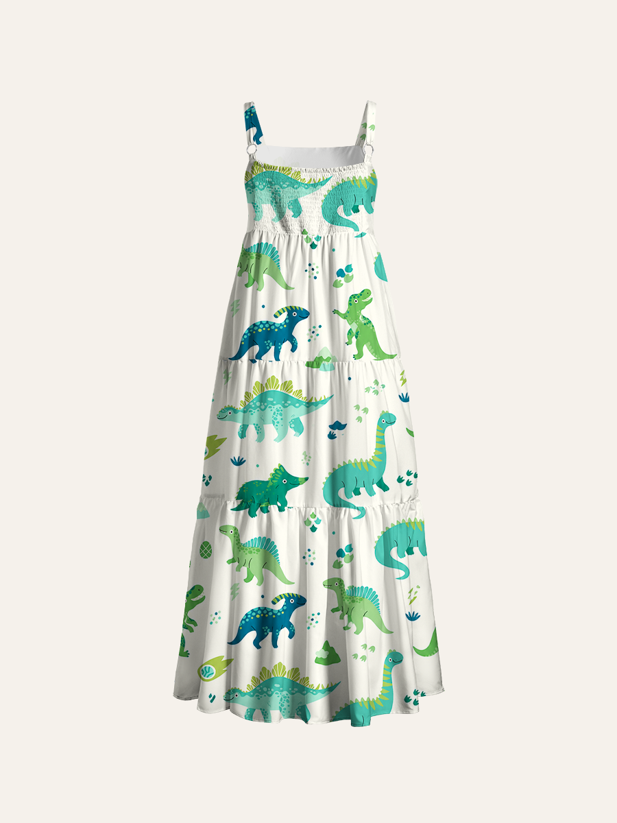 Vibrant Dino Jungle Adjustable Wide Straps Maxi Dress