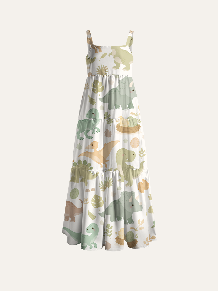 Muted Earthy Dinosaurs Adjustable Wide Straps Maxi Dress
