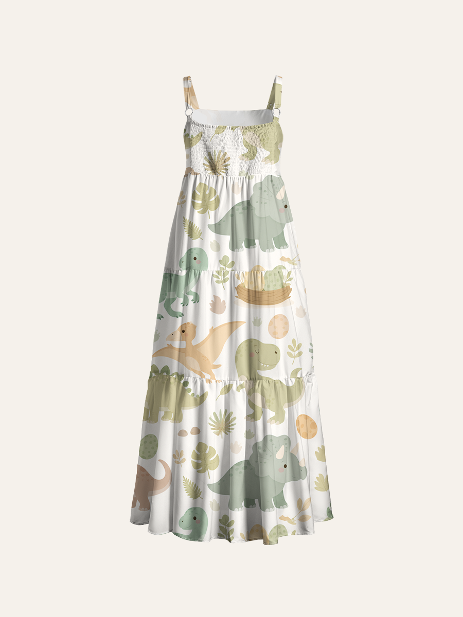 Muted Earthy Dinosaurs Adjustable Wide Straps Maxi Dress