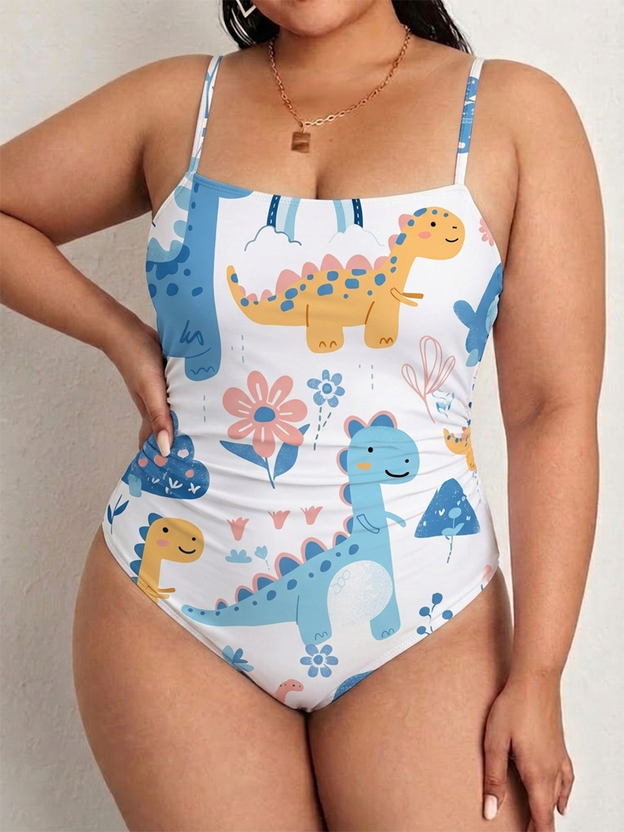 Vintage Cute Pastel Dinosaur One Piece Slim-Strap Swimsuit