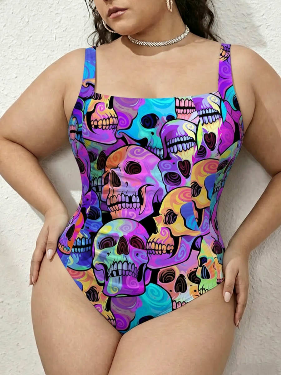 Vintage Trippy Psychedelic Swirl Skulls Gathered Swimsuit