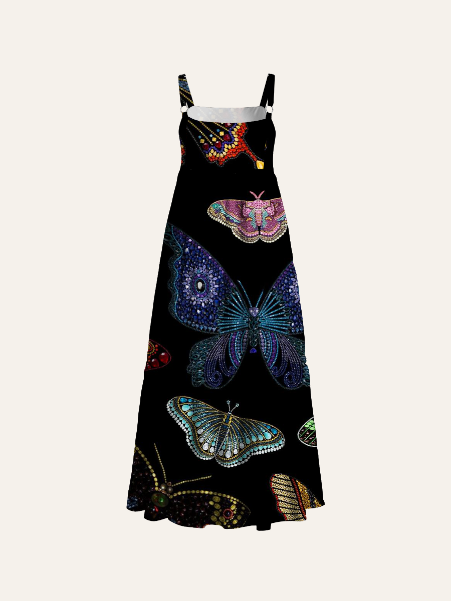 Midnight Butterflies Adjustable Wide Straps Maxi Dress
