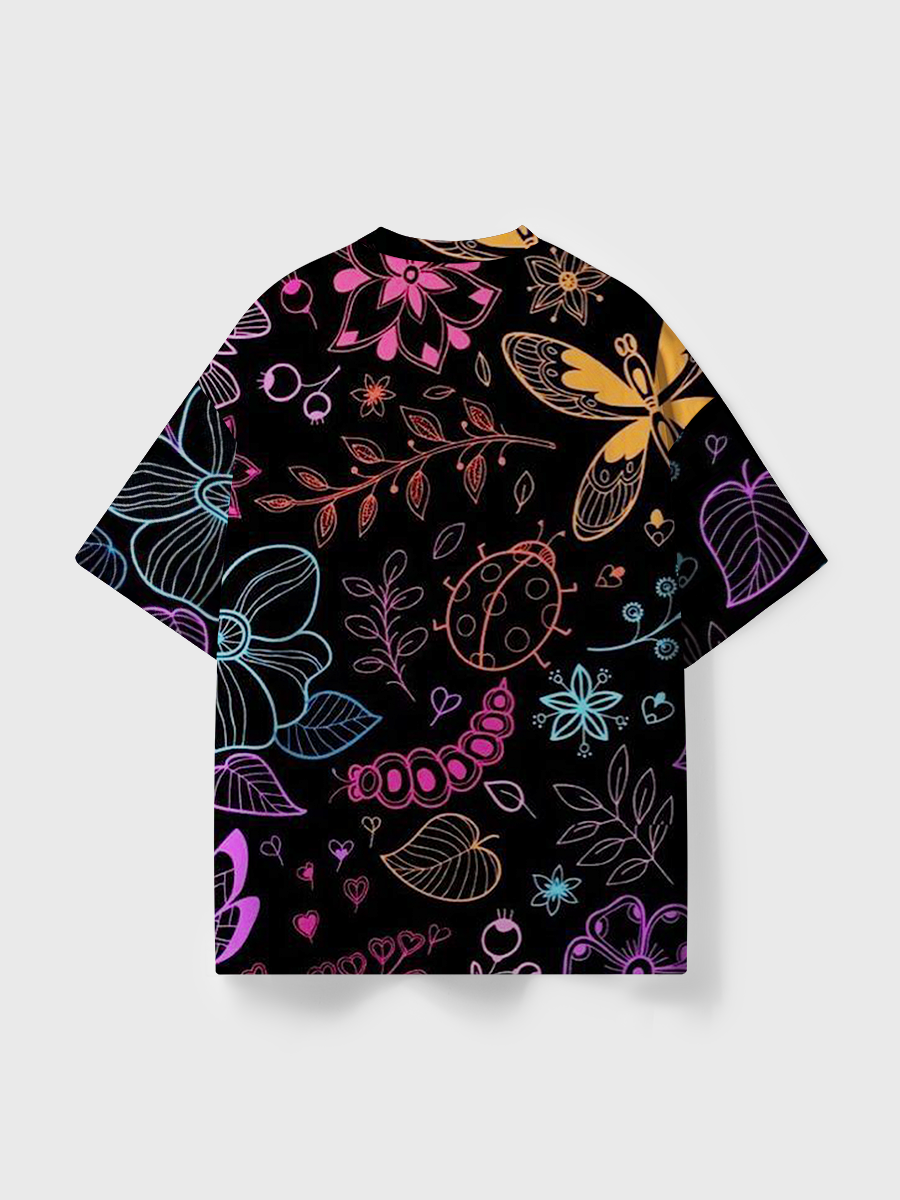 Vintage Whimsical Neon Butterfly Floral All Over Print T-Shirt