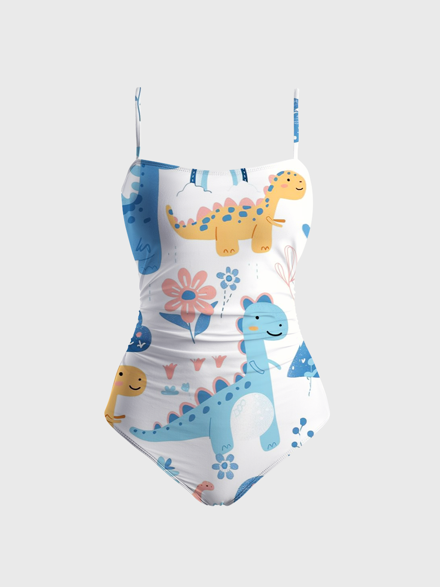 Vintage Cute Pastel Dinosaur One Piece Slim-Strap Swimsuit