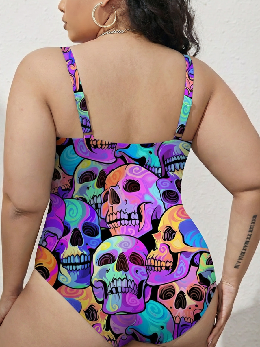 Vintage Trippy Psychedelic Swirl Skulls Gathered Swimsuit