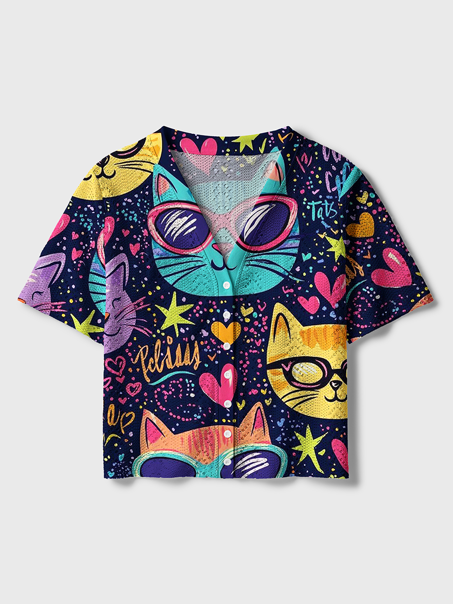 Cool Sunglasses Cat Graffiti Heart Star Crochet Button Down Cardigan