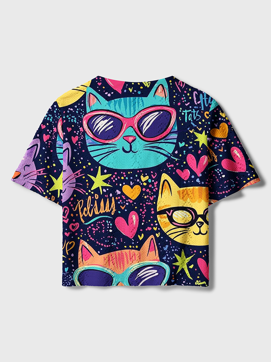 Cool Sunglasses Cat Graffiti Heart Star Crochet Button Down Cardigan