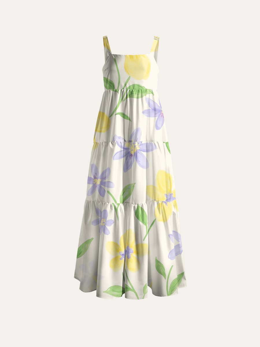 Pastel Watercolor Meadow Adjustable Wide Straps Maxi Dress