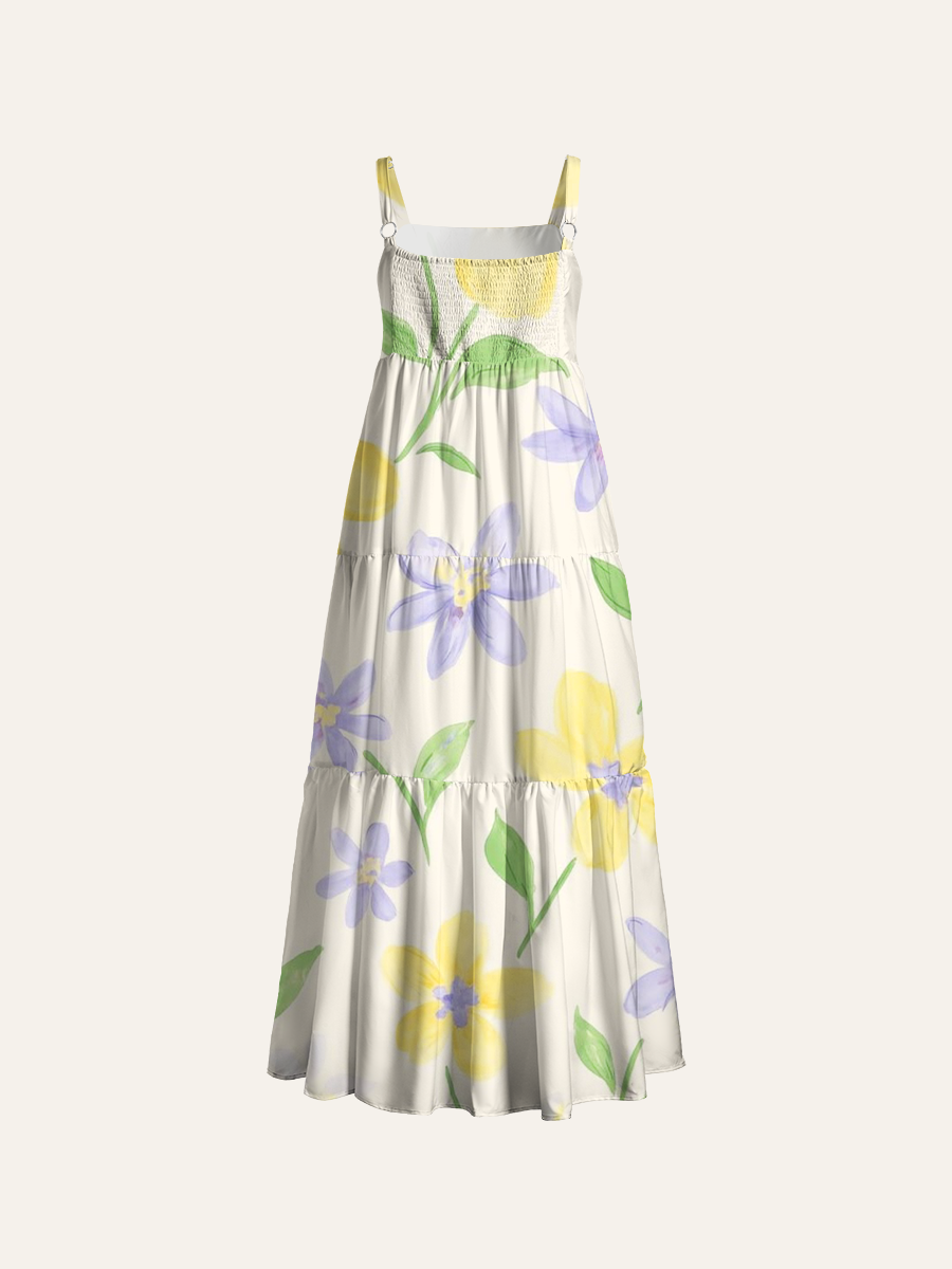 Pastel Watercolor Meadow Adjustable Wide Straps Maxi Dress