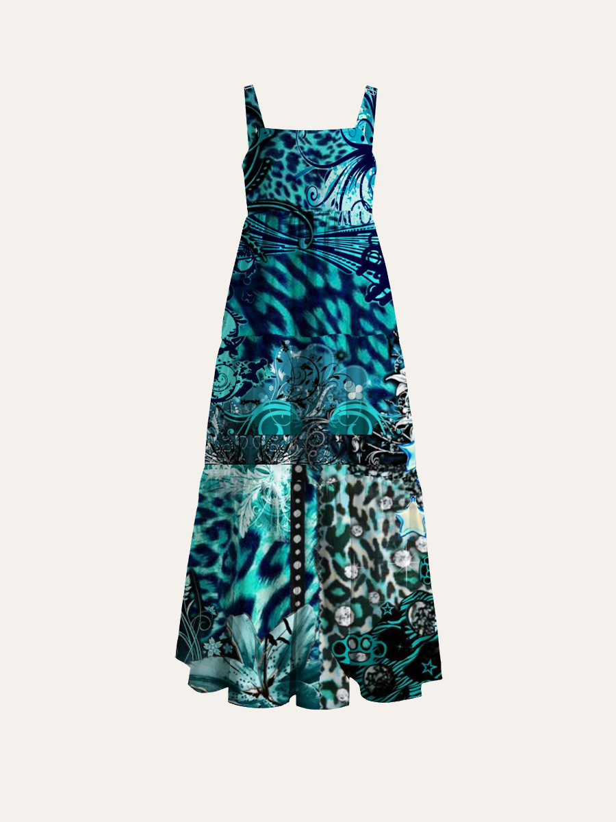 Gothic Leopard & Skulls Adjustable Wide Straps Maxi Dress