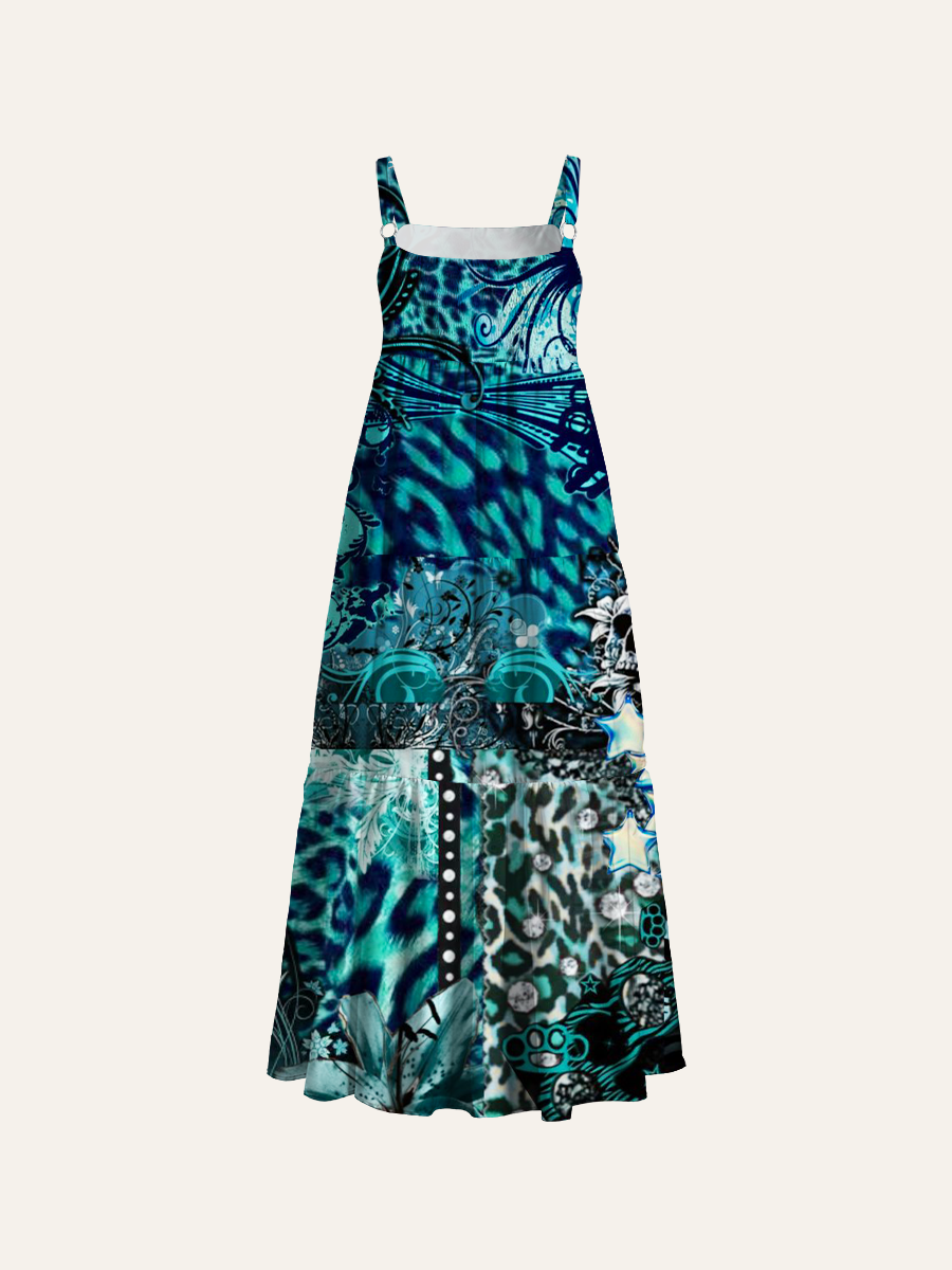Gothic Leopard & Skulls Adjustable Wide Straps Maxi Dress
